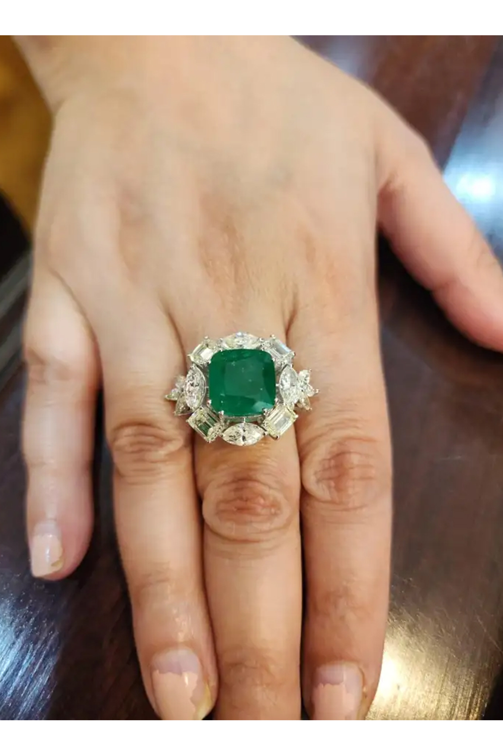 Natural Emerald Ring with 4.88 cts Diamond & 7.57 cts Emerald in 14k Gold