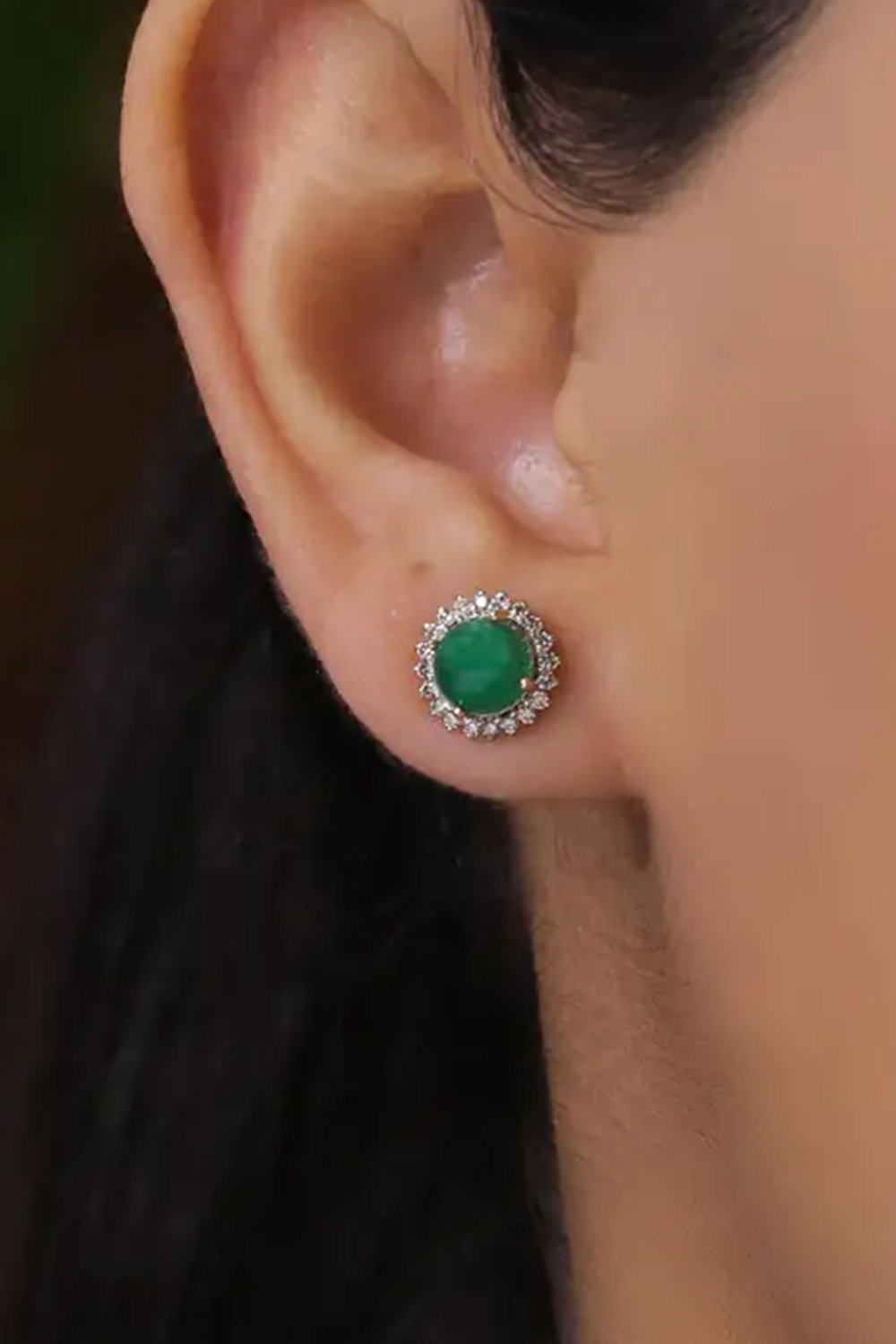 Emerald Stud Earrings with Diamond in 14k Gold