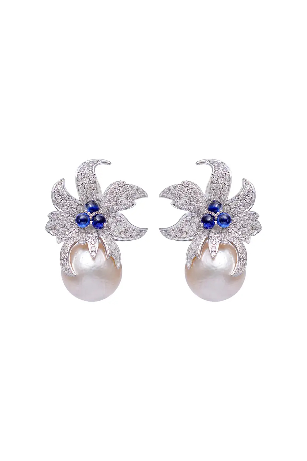 Pearl Dangle Earrings with Diamond and Sapphire in 14k Gold