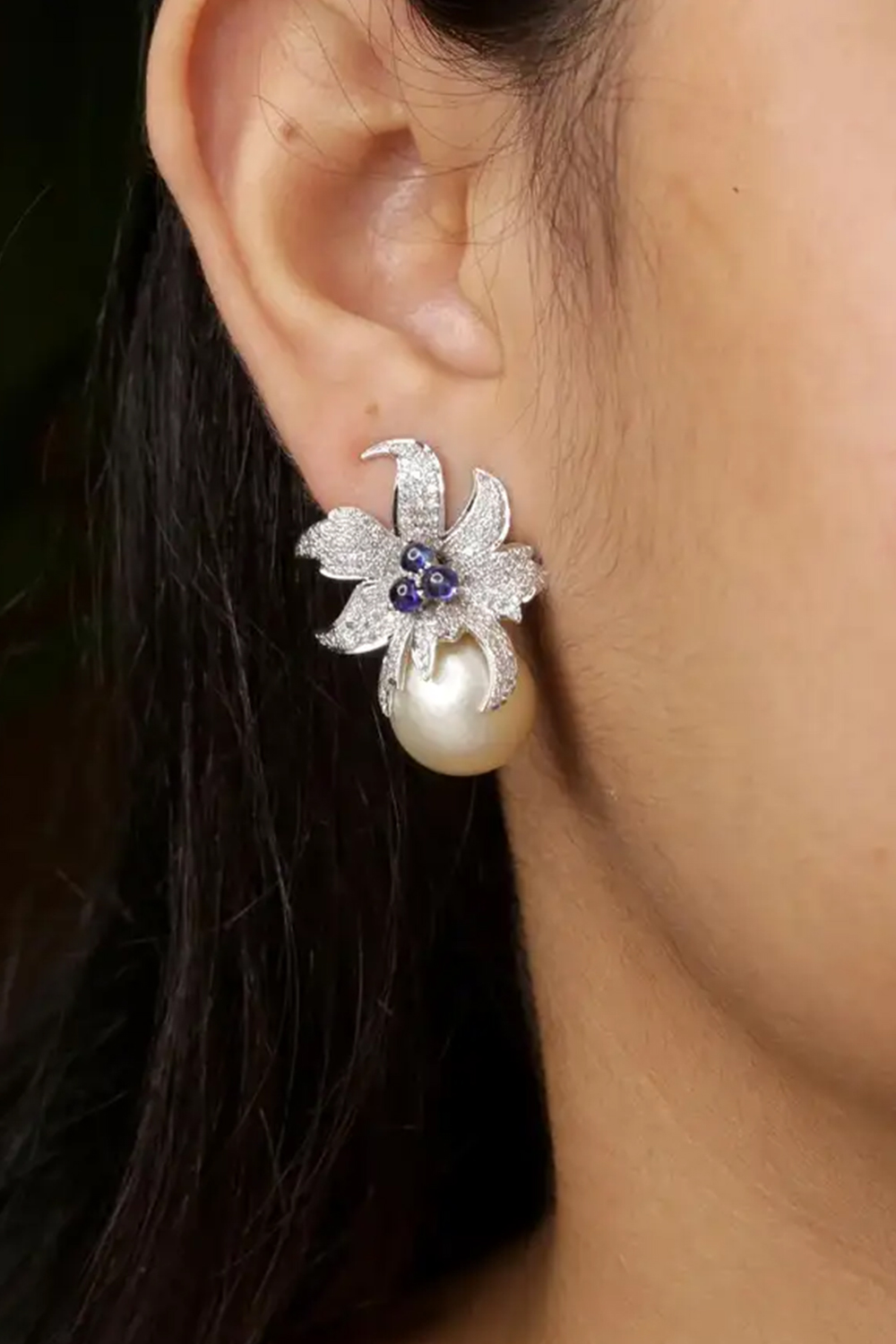 Pearl Dangle Earrings with Diamond and Sapphire in 14k Gold