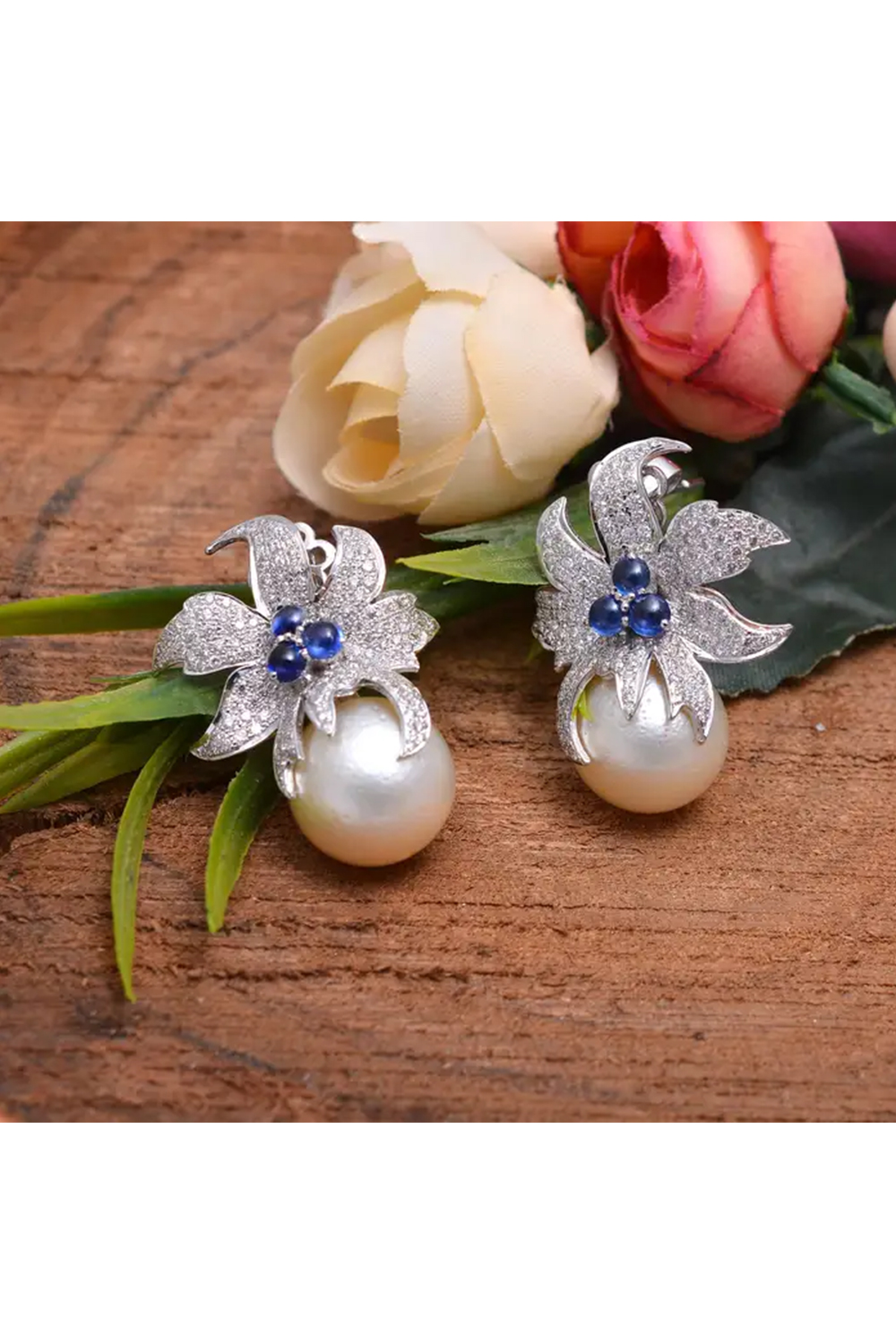 Pearl Dangle Earrings with Diamond and Sapphire in 14k Gold