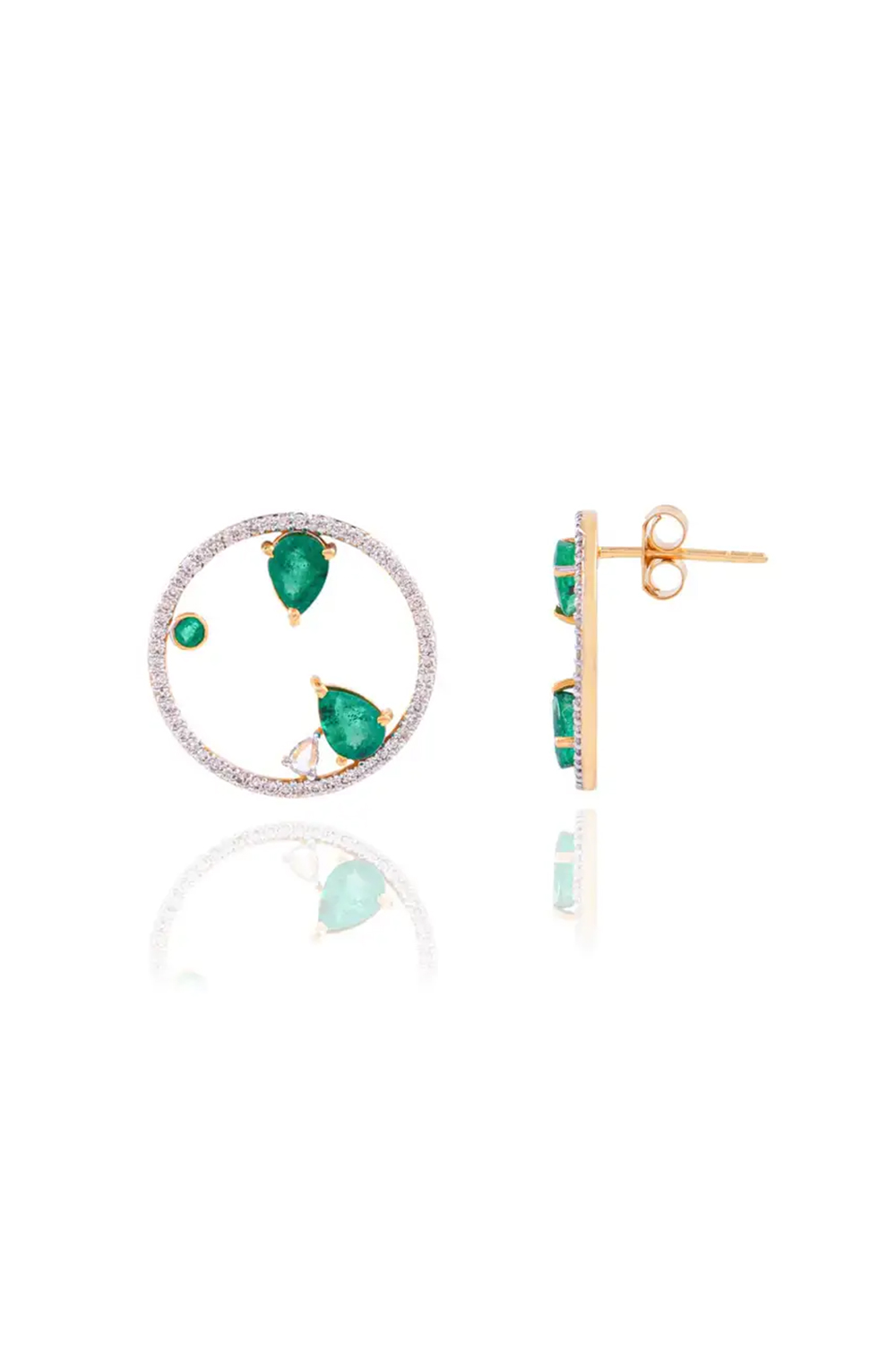 Emerald Stud Earrings with Diamond in 14K Gold