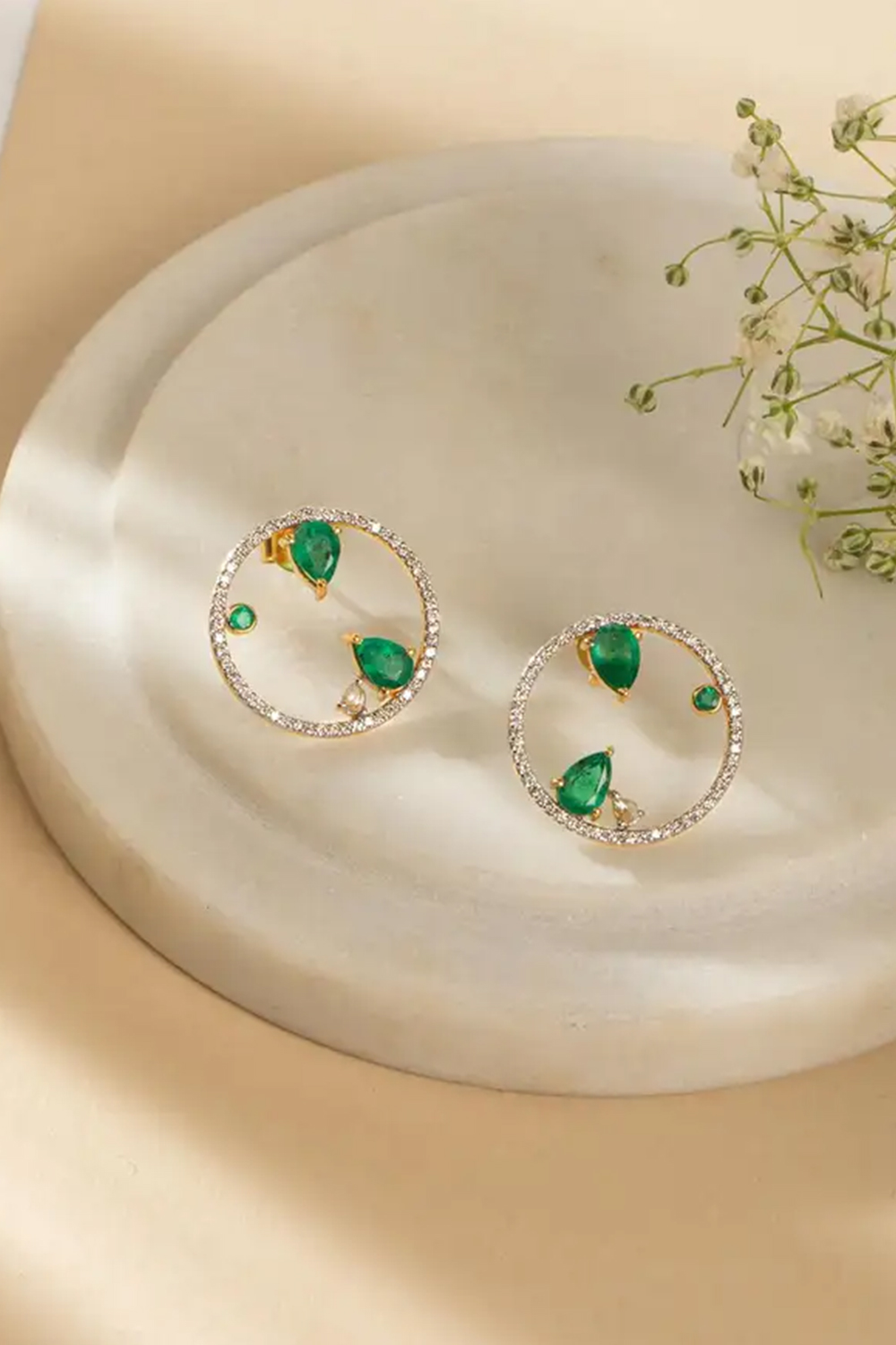 Emerald Stud Earrings with Diamond in 14K Gold