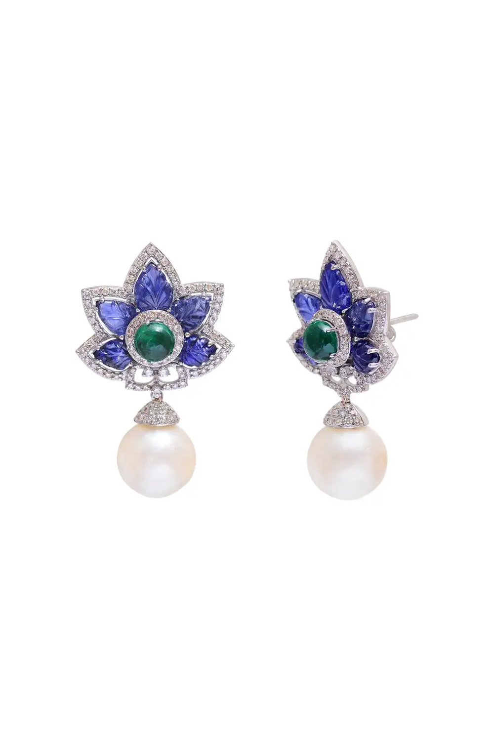 Pearl Dangle Earrings with Diamond and Sapphire in 14k Gold