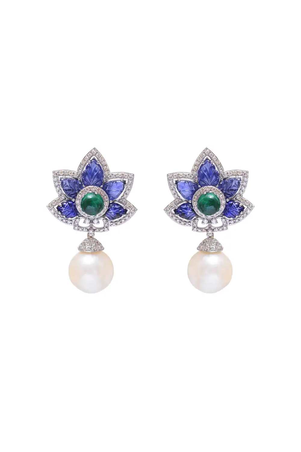 Pearl Dangle Earrings with Diamond and Sapphire in 14k Gold