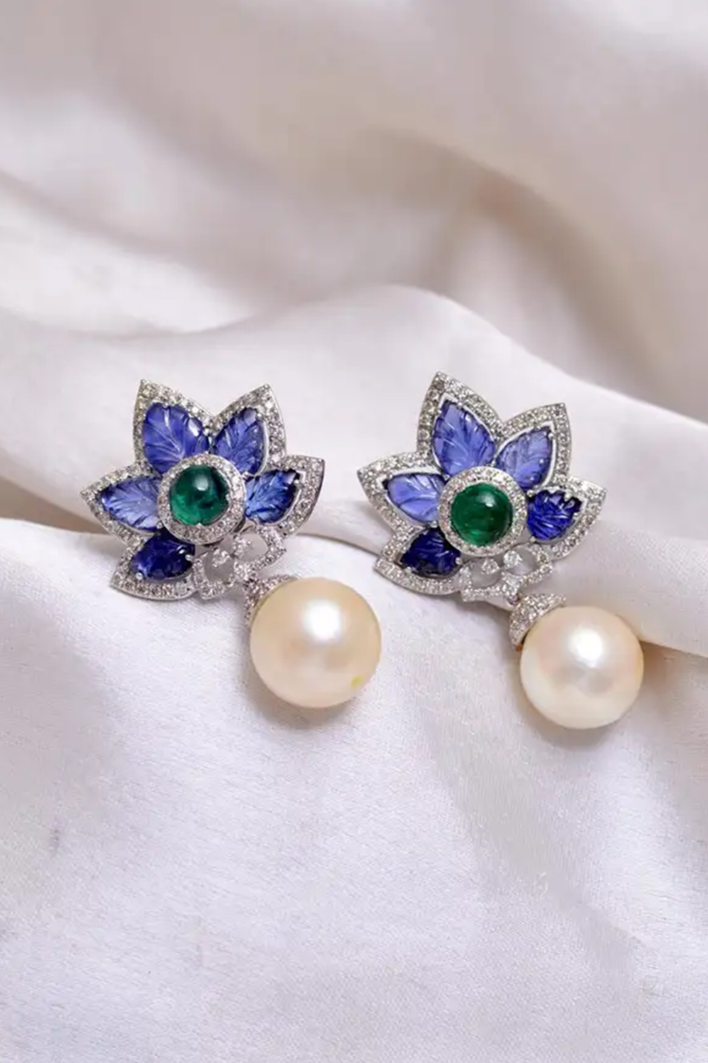 Pearl Dangle Earrings with Diamond and Sapphire in 14k Gold