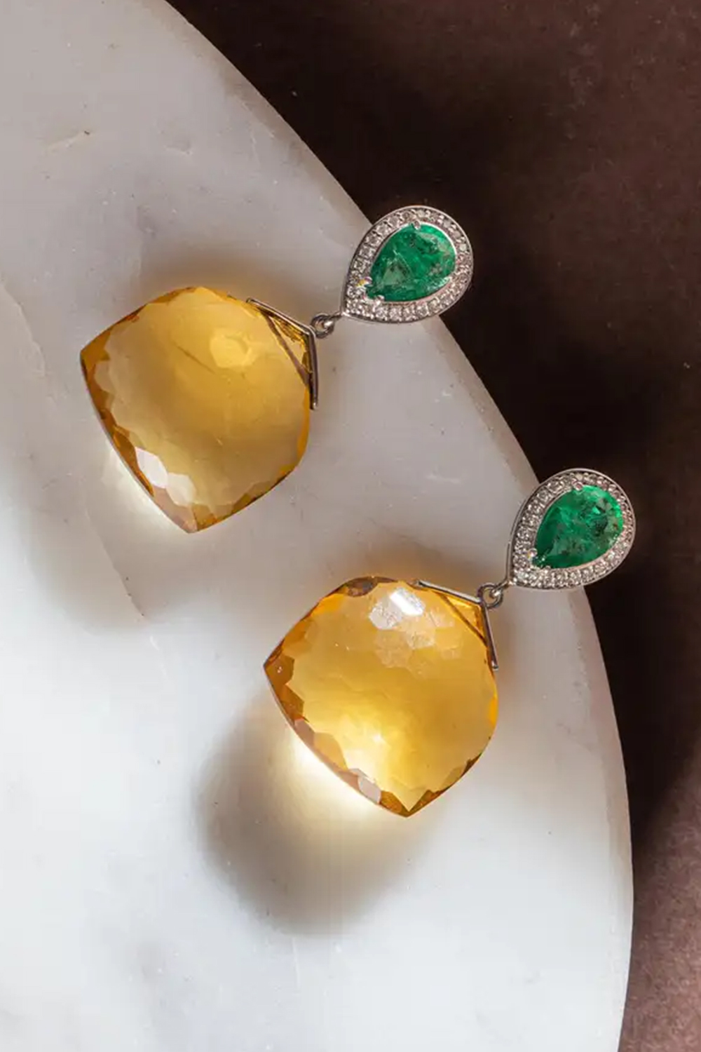 Citrine Dangle Earrings with Diamond and Emerald in 14k Gold