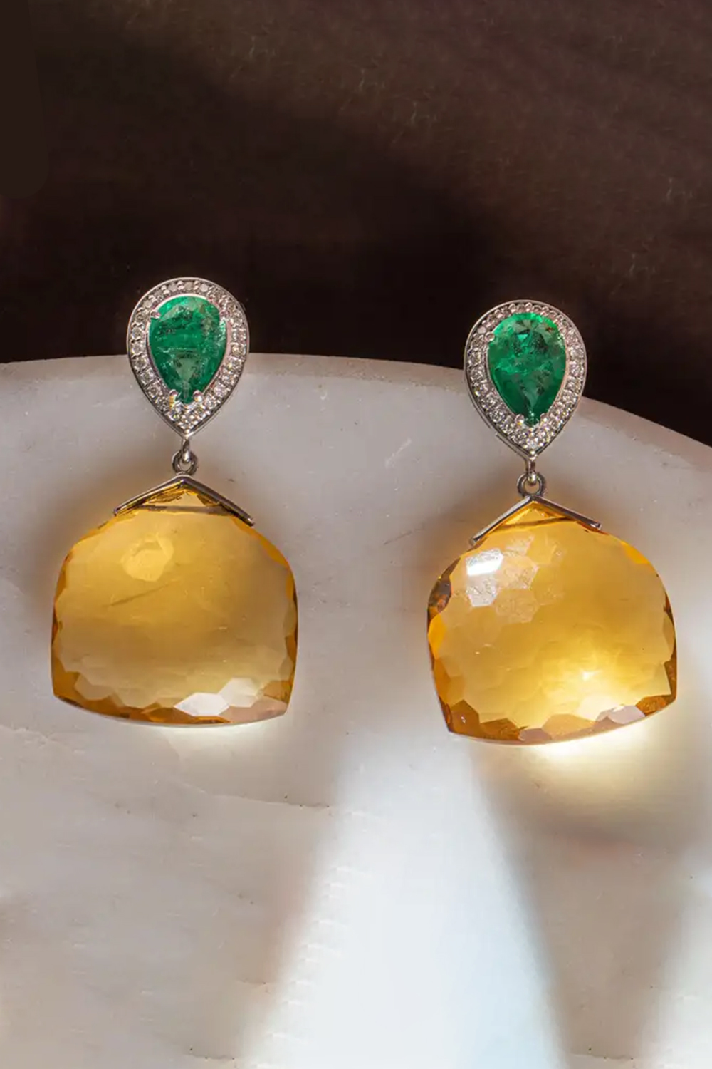 Citrine Dangle Earrings with Diamond and Emerald in 14k Gold