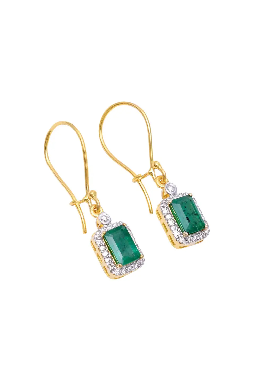 Emerald Dangle Earrings with Diamond in 14k Gold