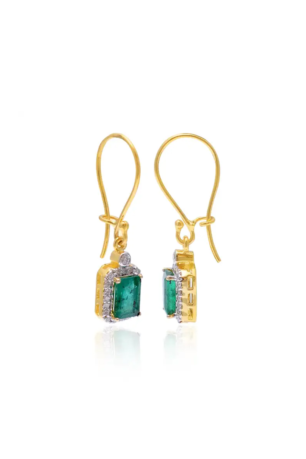 Emerald Dangle Earrings with Diamond in 14k Gold