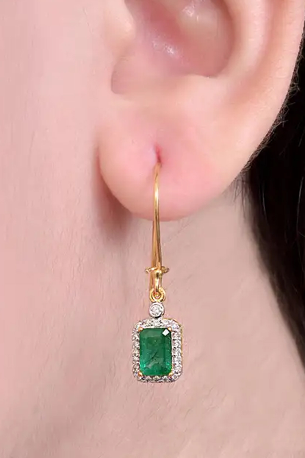 Emerald Dangle Earrings with Diamond in 14k Gold