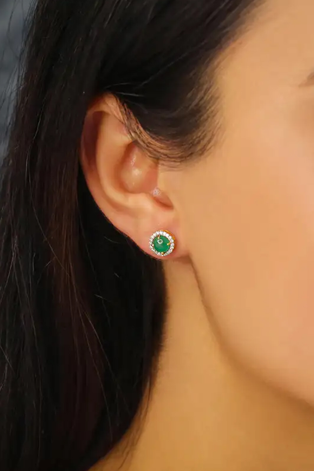 Emerald Stud Earrings with Diamond in 14k Gold