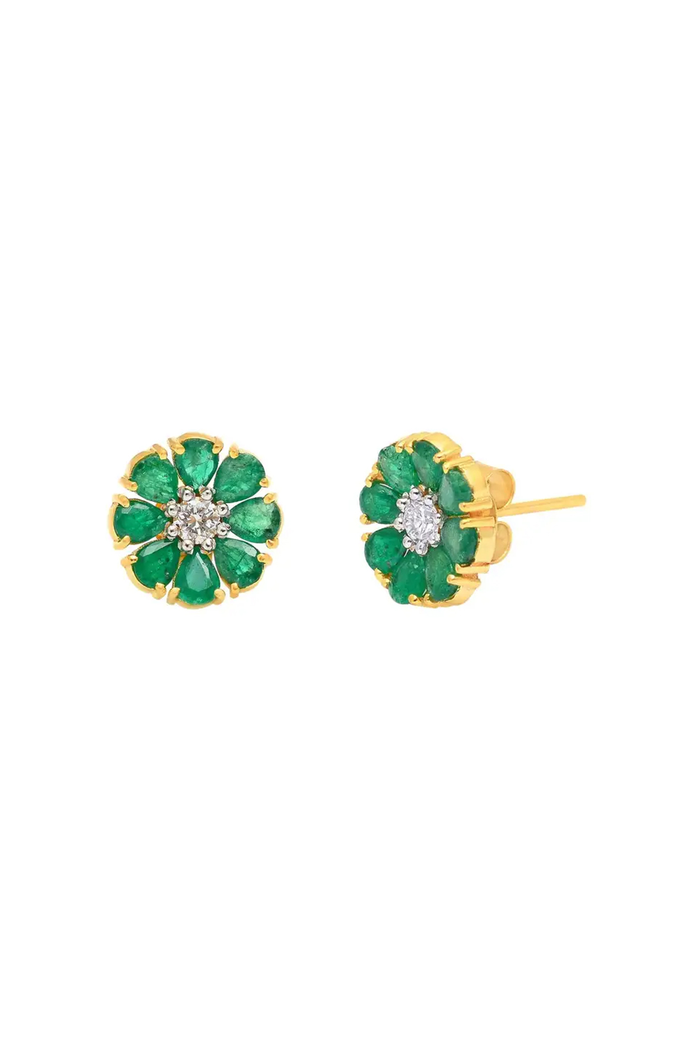 Emerald Stud Earrings with Diamond in 18k Gold