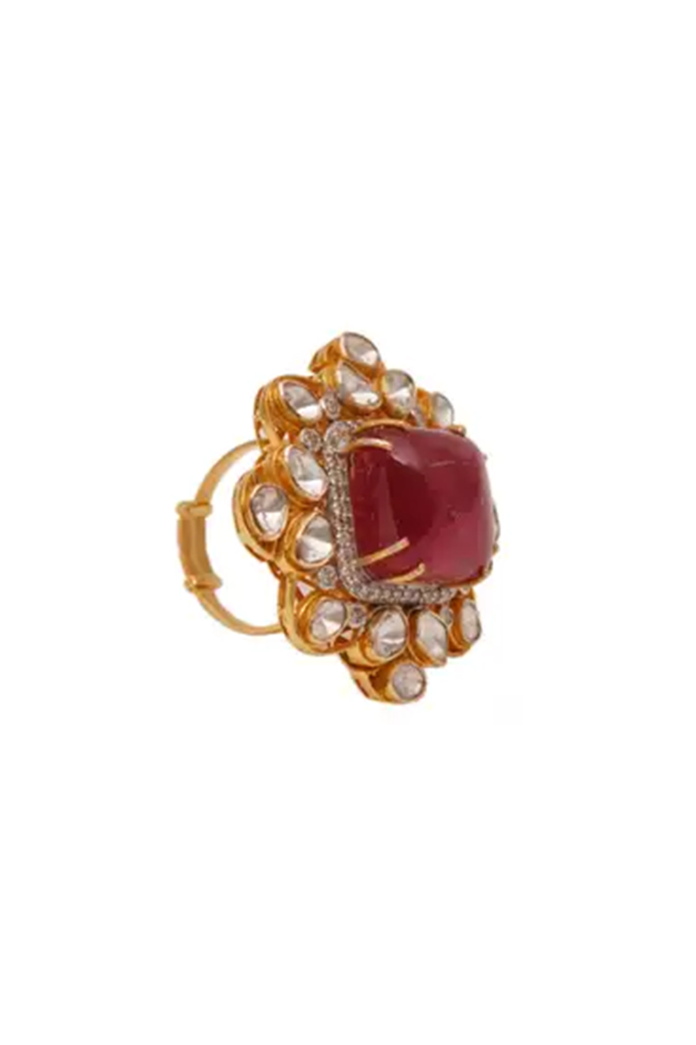 14k gold 1.40cts Polki & 0.63cts Diamond & 22.39cts Rubylight Ring