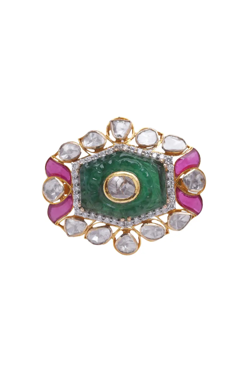 14k gold 0.63cts Polki Diamond & 13.16cts Emerald carving & 1.85cts semi Ring