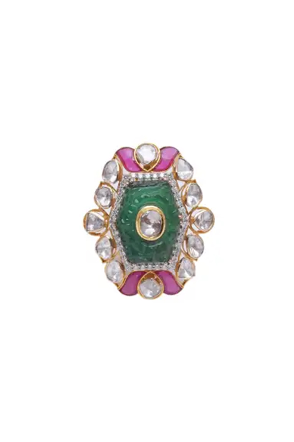 14k gold 0.63cts Polki Diamond & 13.16cts Emerald carving & 1.85cts semi Ring