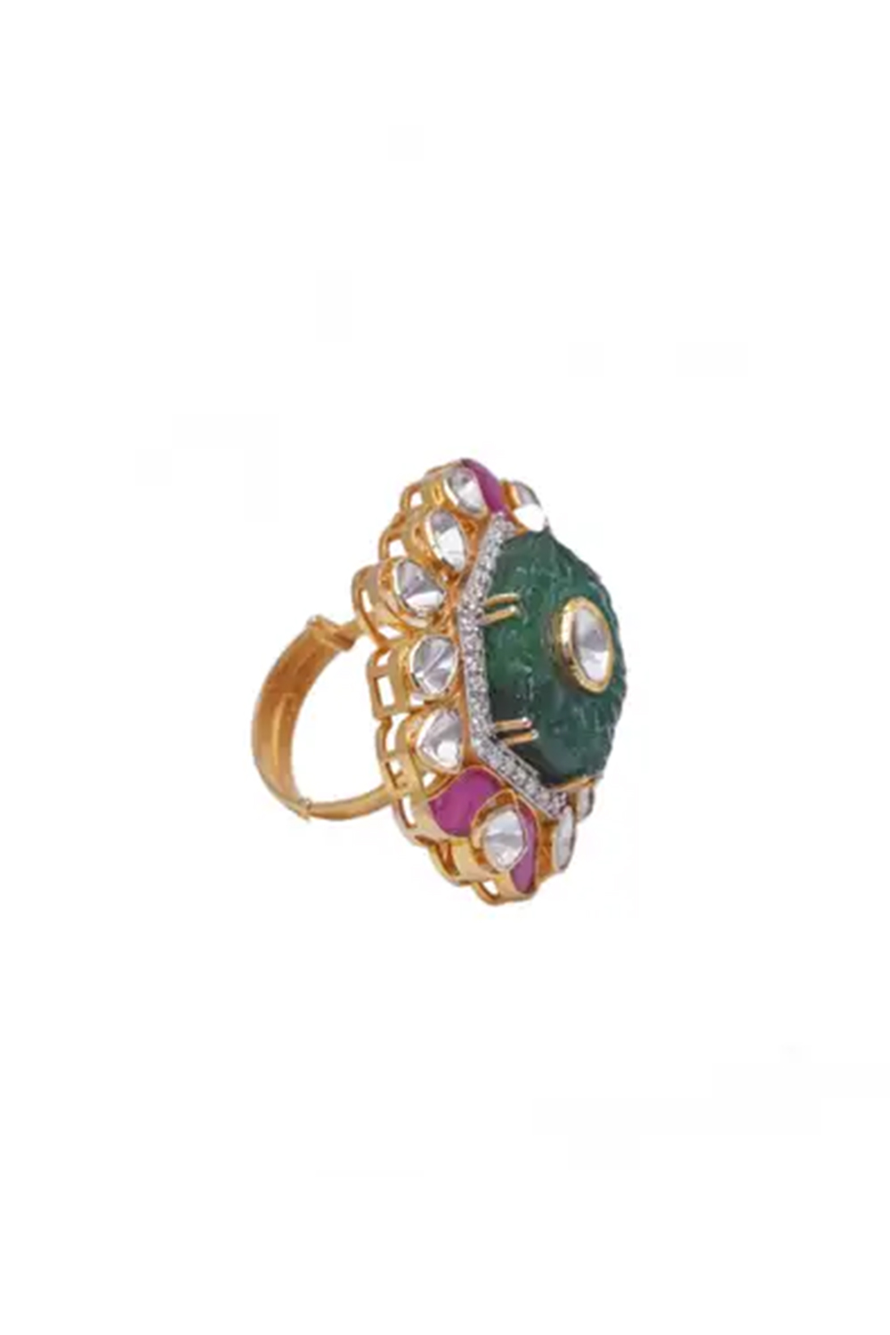 14k gold 0.63cts Polki Diamond & 13.16cts Emerald carving & 1.85cts semi Ring