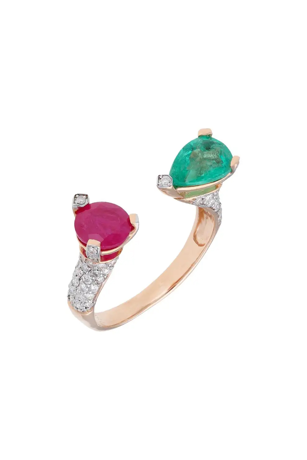 Natural Emerald & Ruby ring with diamond 0.47 cts in 18k gold