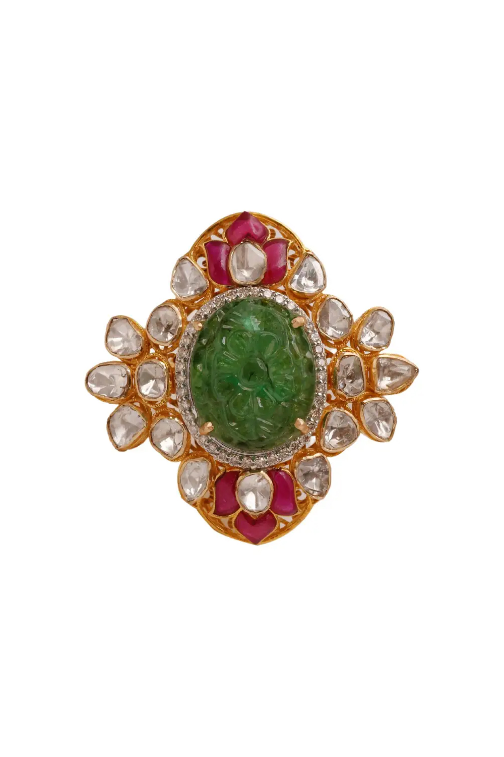 14k gold 1.37cts Polki & 0.41cts Diamond & 10.64cts Emerald & 1.30cts semi Ring