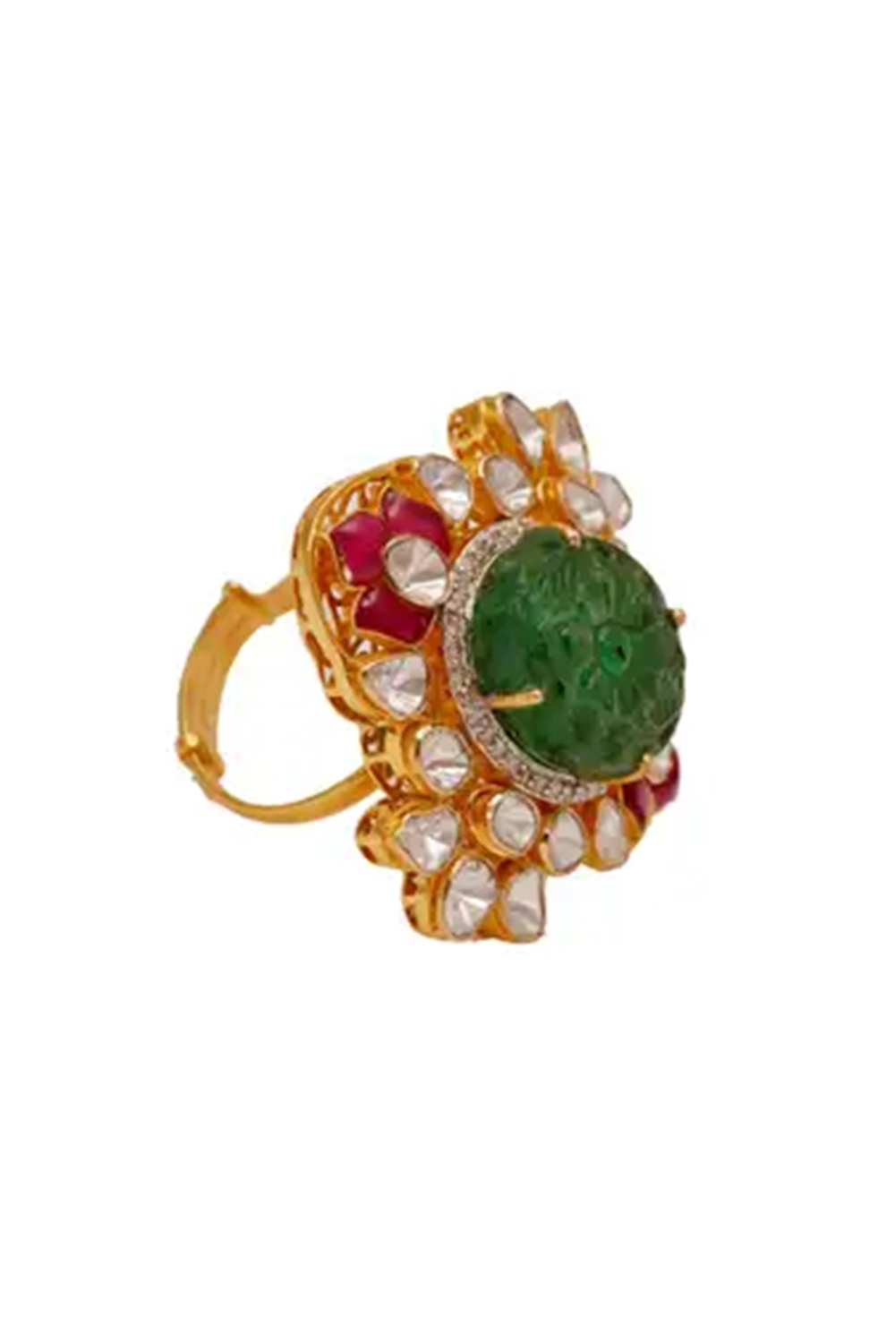 14k gold 1.37cts Polki & 0.41cts Diamond & 10.64cts Emerald & 1.30cts semi Ring