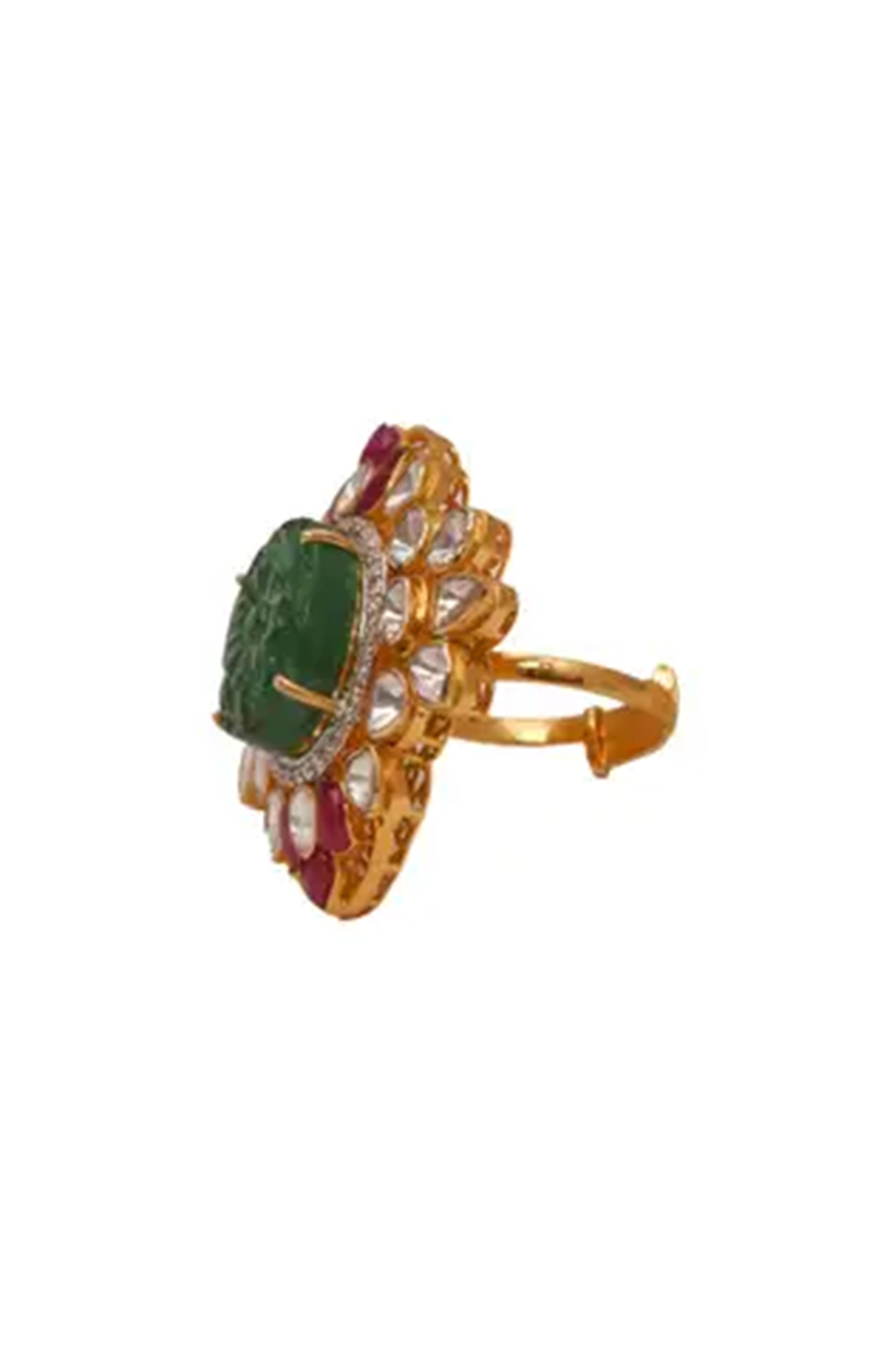 14k gold 1.37cts Polki & 0.41cts Diamond & 10.64cts Emerald & 1.30cts semi Ring