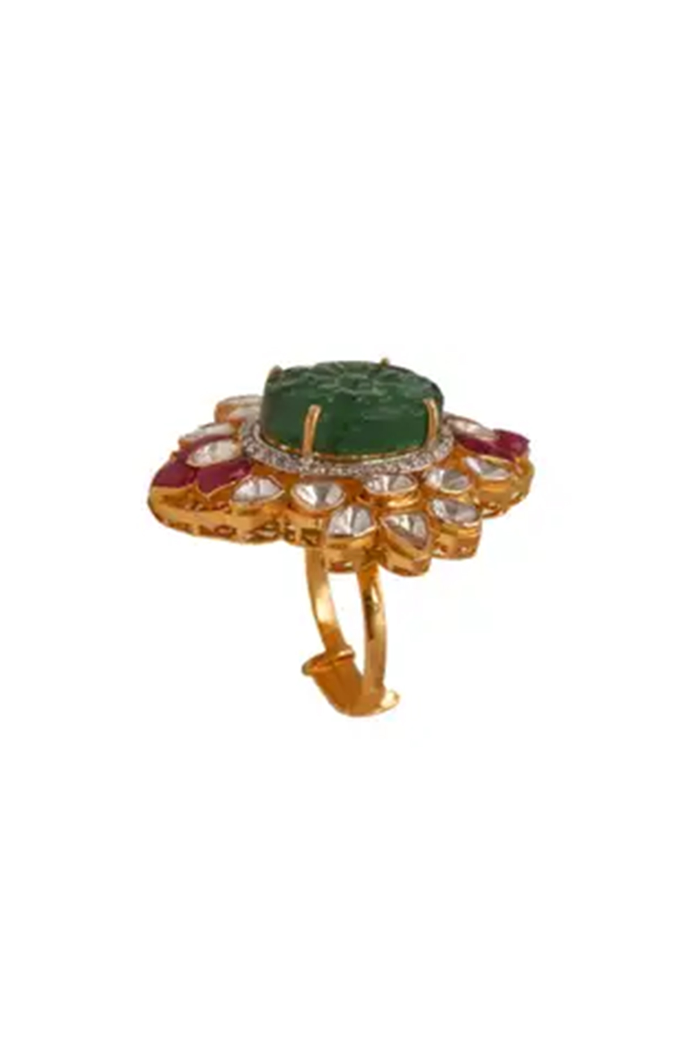 14k gold 1.37cts Polki & 0.41cts Diamond & 10.64cts Emerald & 1.30cts semi Ring