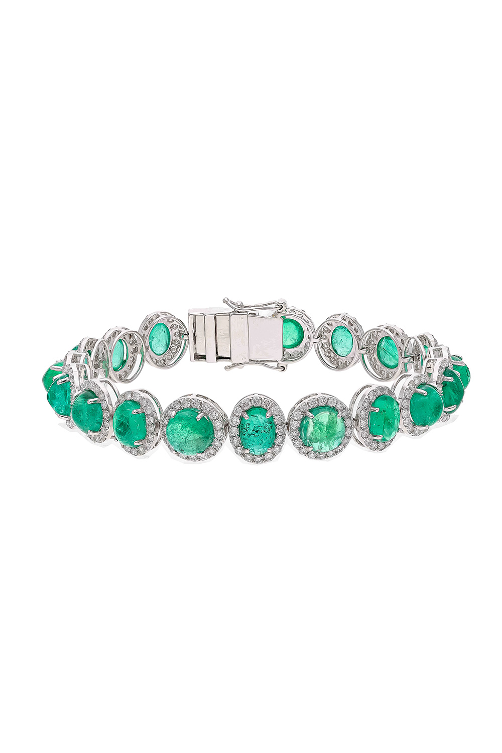 Natural Zambian Emerald cabochon Bracelet with Diamond and 18k Gold